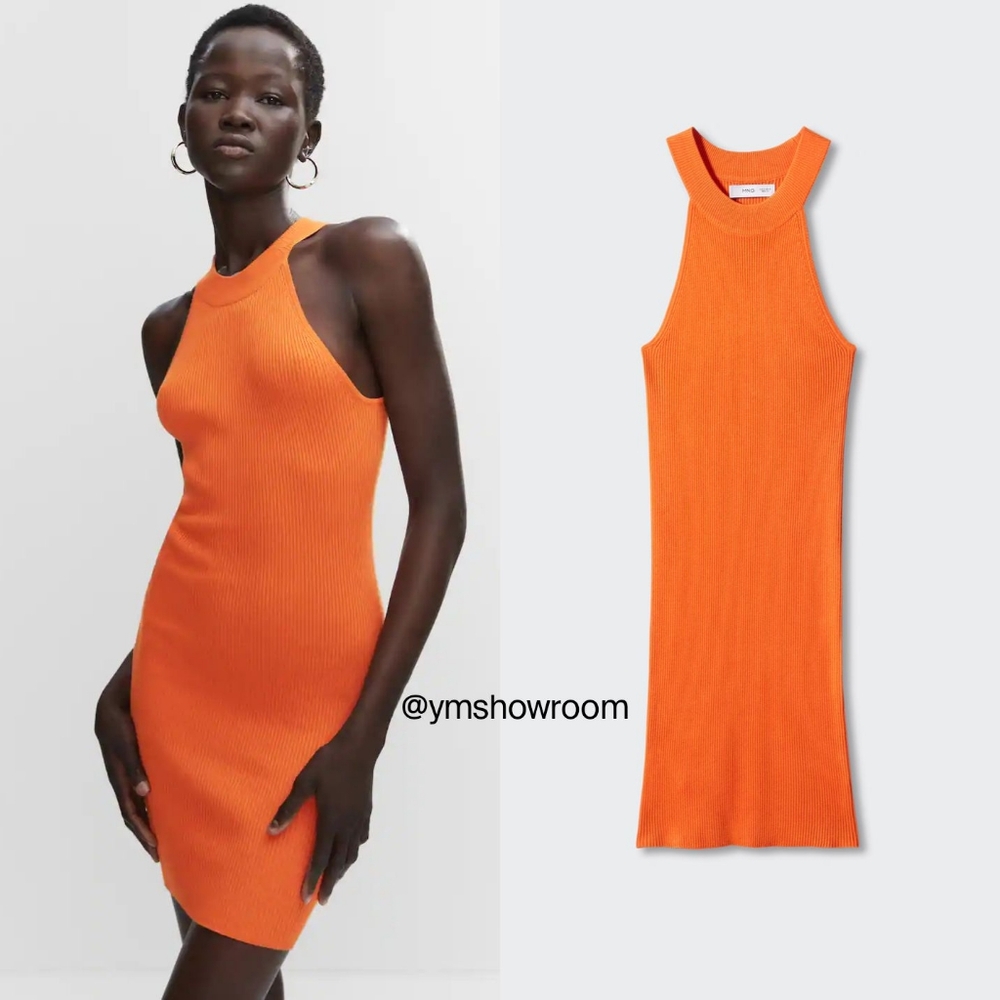 Mango Sleeveless Ribbed Bodycon Dress in Bright Orange